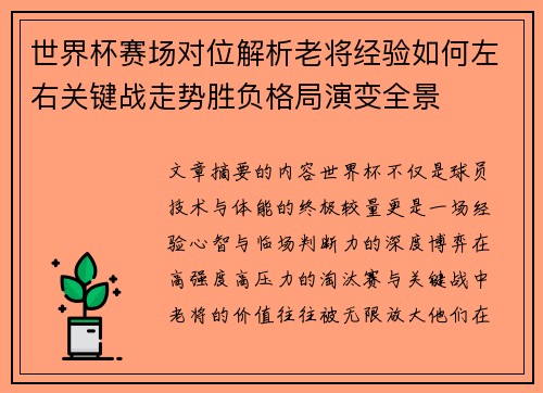世界杯赛场对位解析老将经验如何左右关键战走势胜负格局演变全景